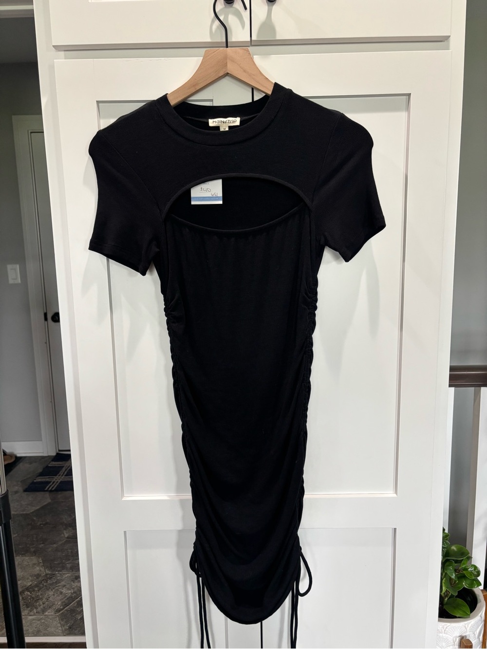 Main Strip Black Cutout Ruched Short Sleeve Mini Dress